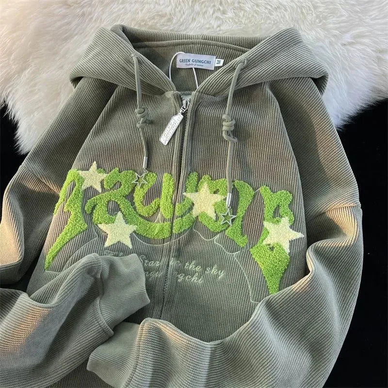 Hoodie Women Harajuku Zip-Up Embroidered Hoodie – Oversized Streetwear