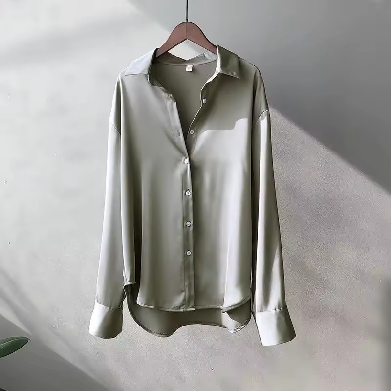 Women's Long Sleeve Silk Blouse - Satin Button-Up Shirt Gray