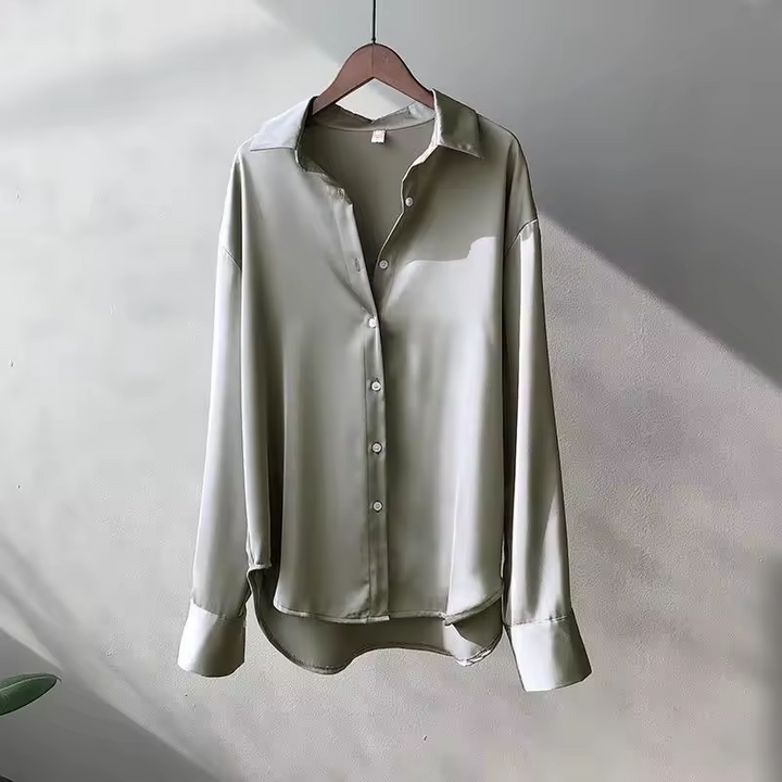 Women's Long Sleeve Silk Blouse - Satin Button-Up Shirt Gray