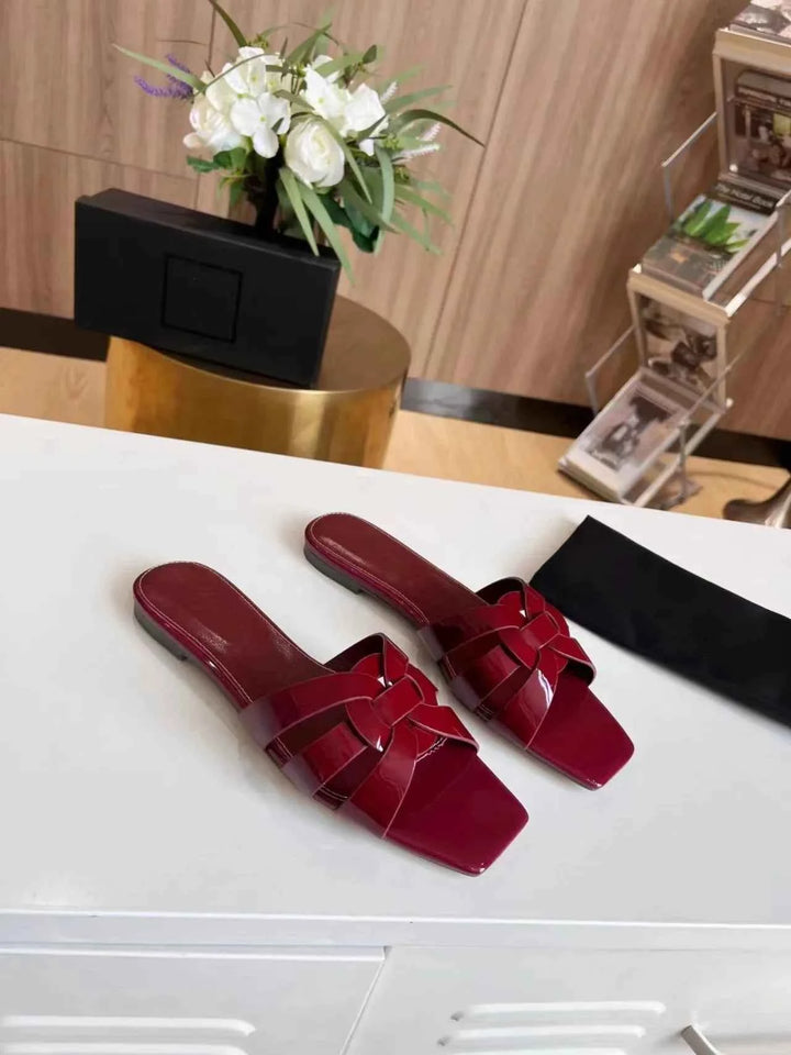 Genuine Leather Square Toe Summer Slides Wine red