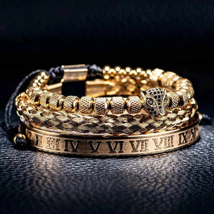 Three-Piece Panther Head Charm Braided Bracelet Set