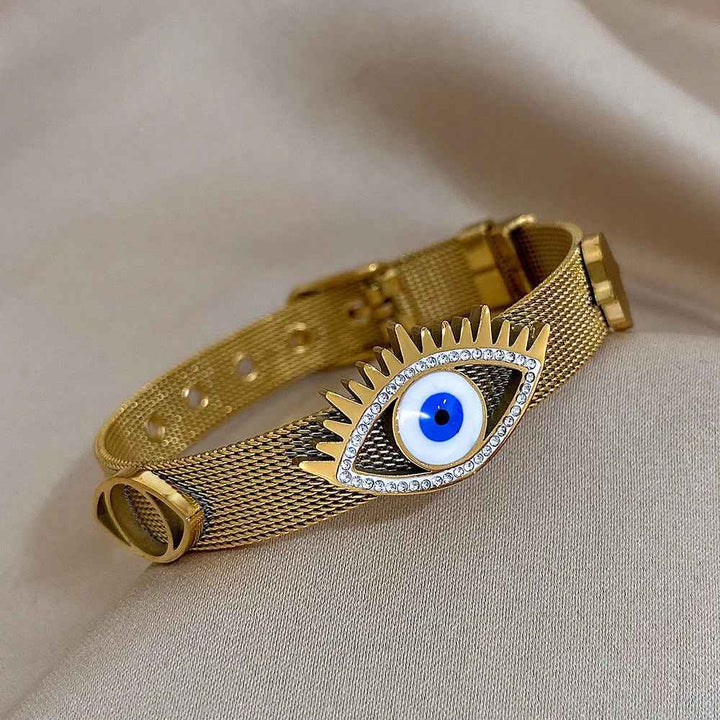 Mesh Band Evil Eye Charm Bracelet with Rhinestone Accents
