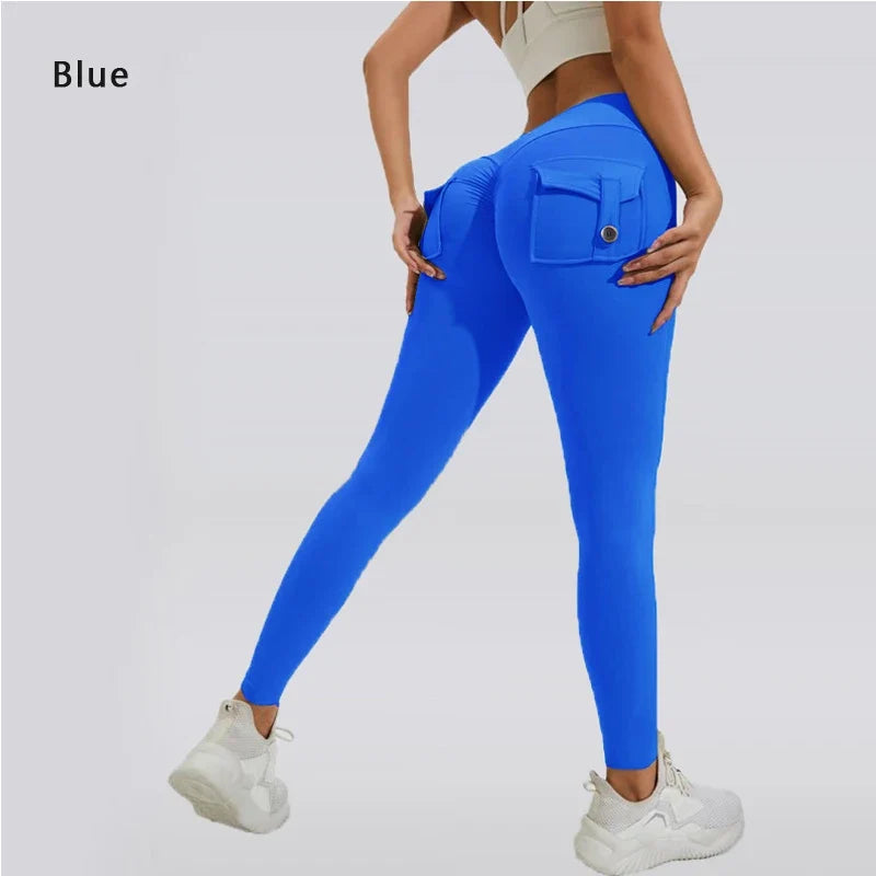 Women's Breathable Yoga Pants with Butt Pocket, Nylon Sports Leggings Blue