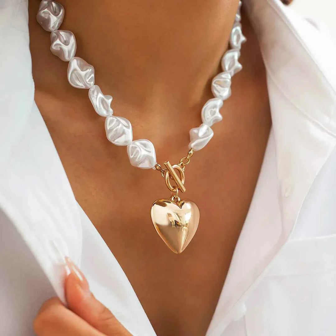 Elegant Pearl Heart Jewelry Set Gold Necklace