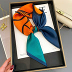 Women's Bold Color Block Silk Square Scarf Orange Medium