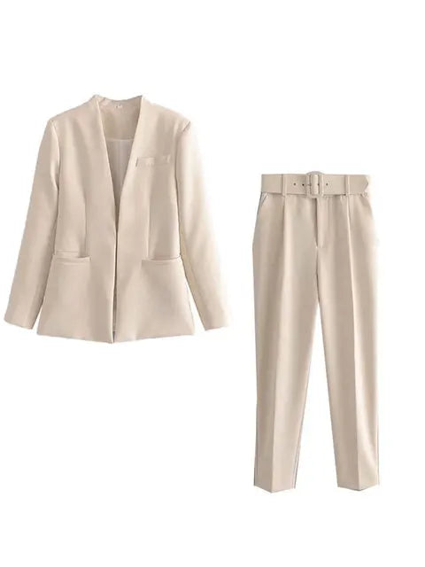 Women's Tailored Blazer and High Waist Trouser Suit Set Beige