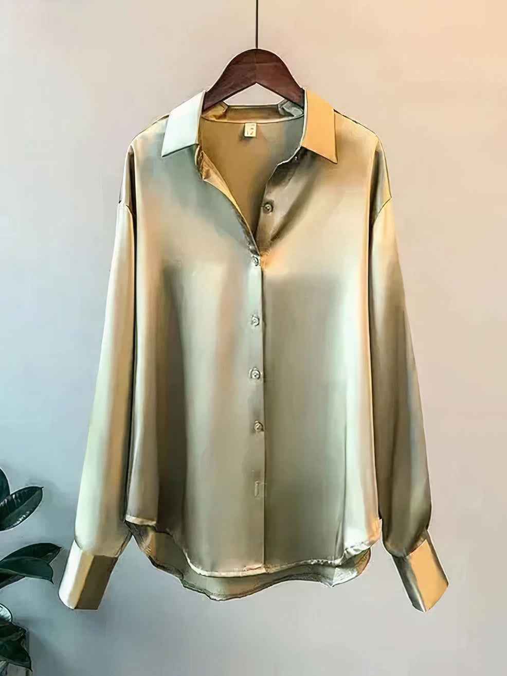 Women's Satin Long Sleeve Blouse with Button Collar Green