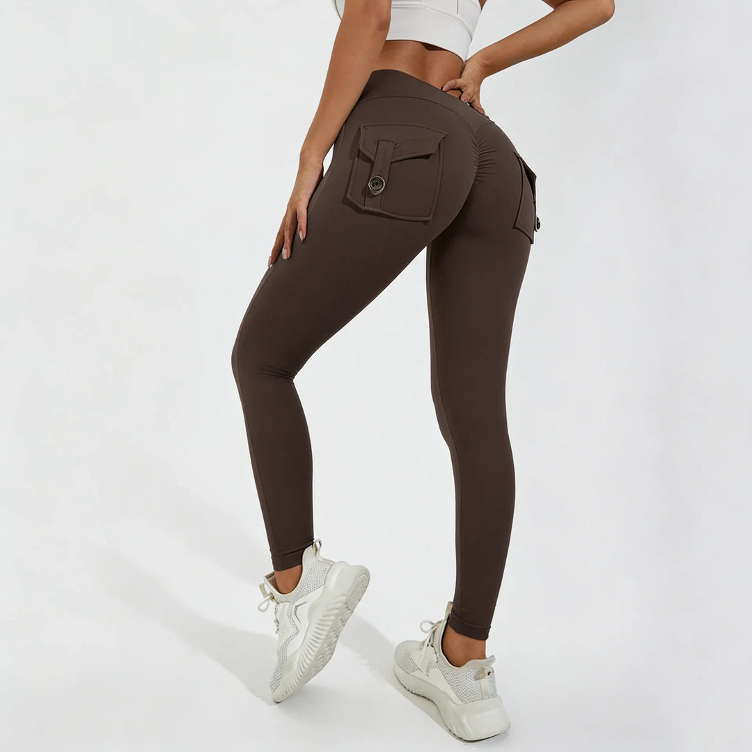 Women's Breathable Yoga Pants with Butt Pocket, Nylon Sports Leggings Ebony Brown