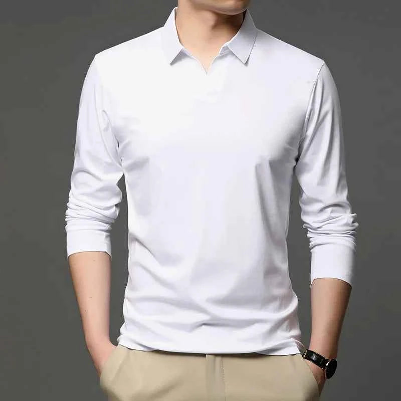 Men's Slim Fit Long Sleeve Polo Shirt with Classic Collar – Comfort Stretch White