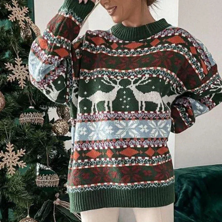 Women's Y2K Style Christmas Winter Sweater with Allover Print and Oversized Fit Green