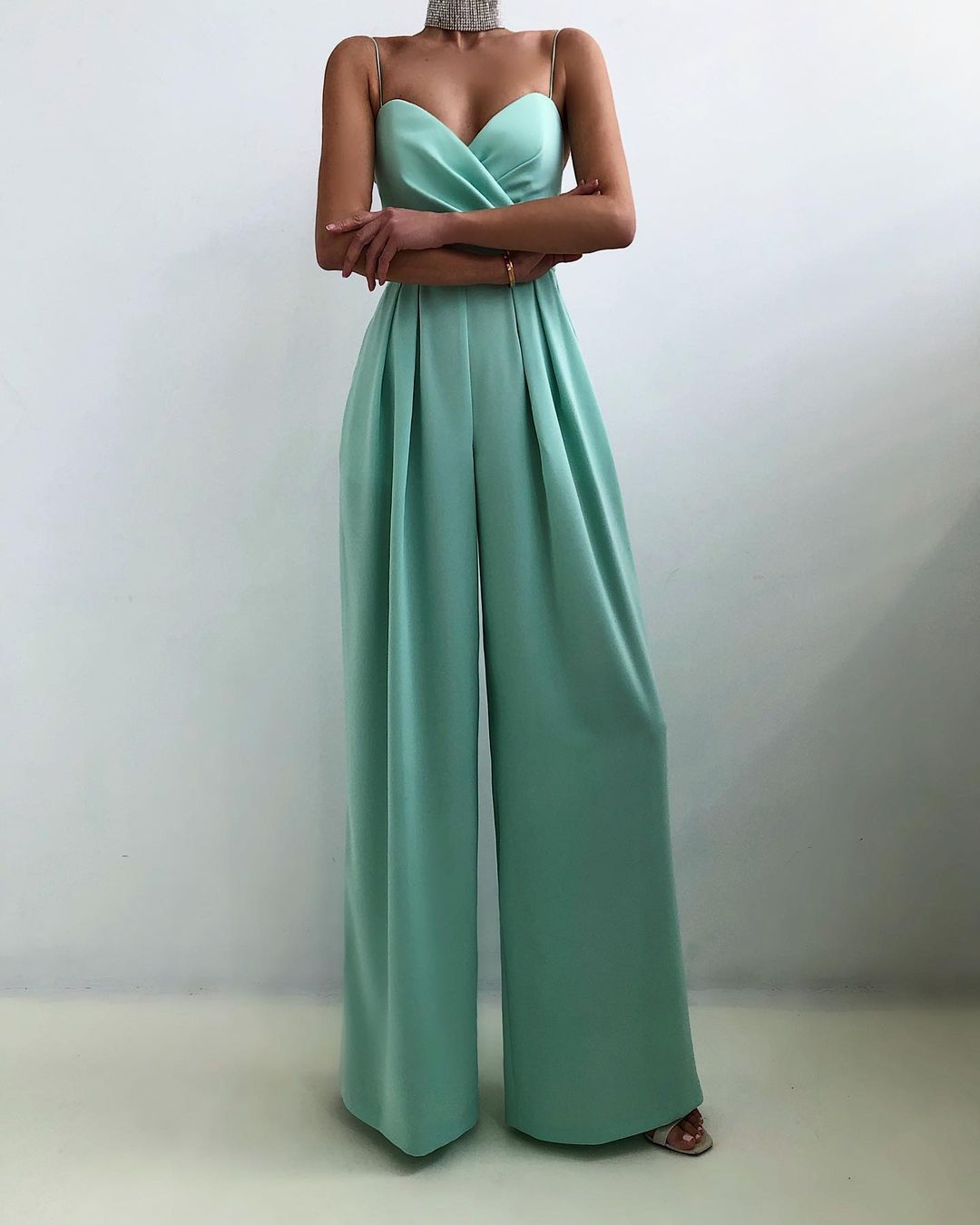 Women's Elegant V-Neck Wrap Jumpsuit with Spaghetti Straps and Wide Legs Turquoise
