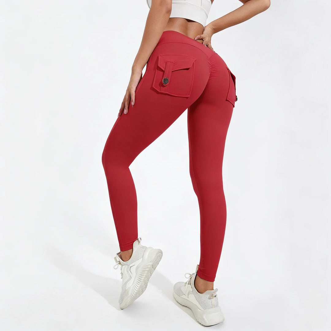 Women's Breathable Yoga Pants with Butt Pocket, Nylon Sports Leggings Dark Red