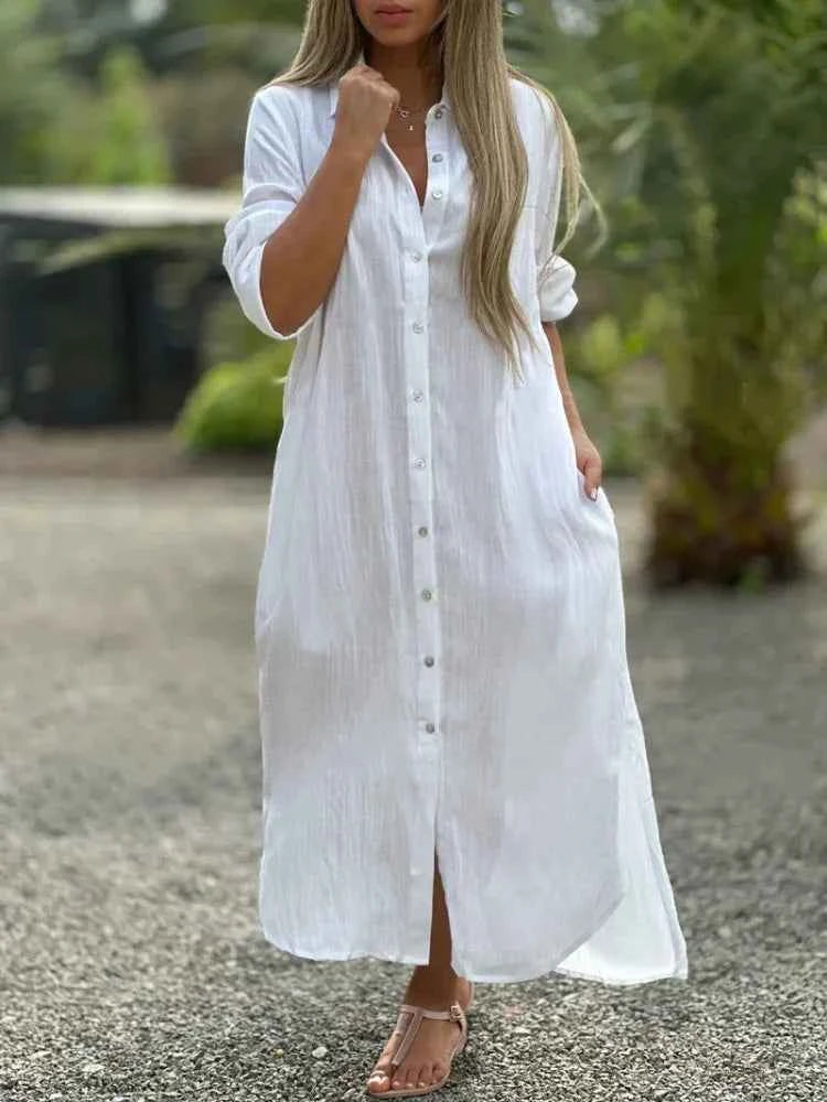 Mia | Elegant Cotton Hemp Summer Dress for Women White