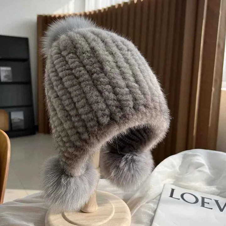Ribbed Snug Fit Beanie Hat with Pom-Pom Earflaps Gray