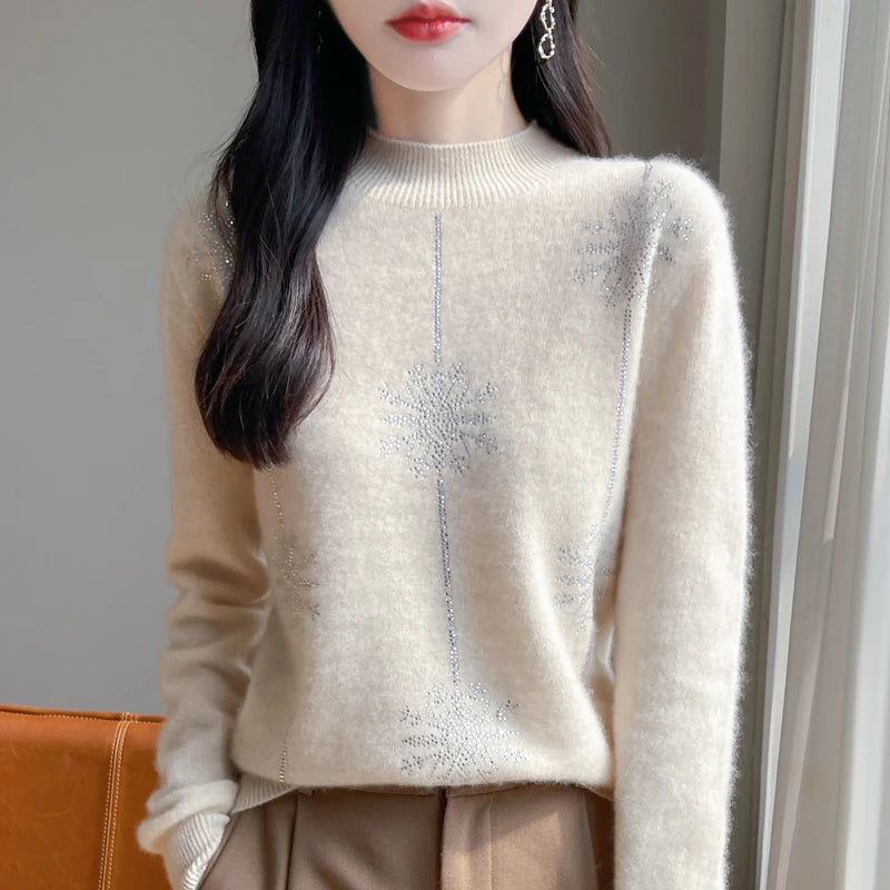 Women's Christmas Style Mock Neck Long Sleeve Warm Pullover Jumper Beige