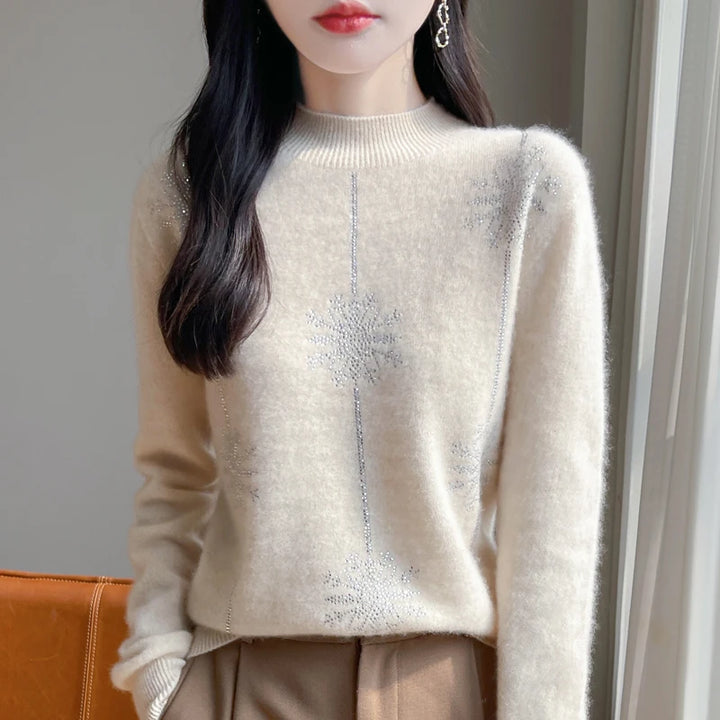 Women's Christmas Style Mock Neck Long Sleeve Warm Pullover Jumper Beige