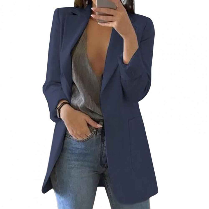 Women's Tailored Blazer – Hip Length – Open Front – Large Pockets Navy Blue