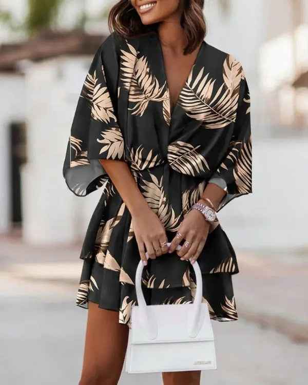 Women's V-Neck Mini Dress – Wrap Style with Ruffles – Lightweight and Elegant Black