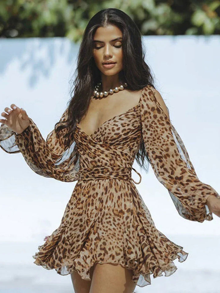 Elda | Stylish Women's Dress – Wrap Design & Pleated Skirt Brown
