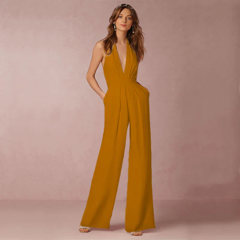 Macacão Elegante Feminino com Decote em V, Costas Nuas e Perna Larga