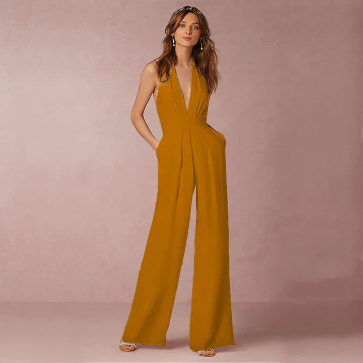 Macacão Elegante Feminino com Decote em V, Costas Nuas e Perna Larga