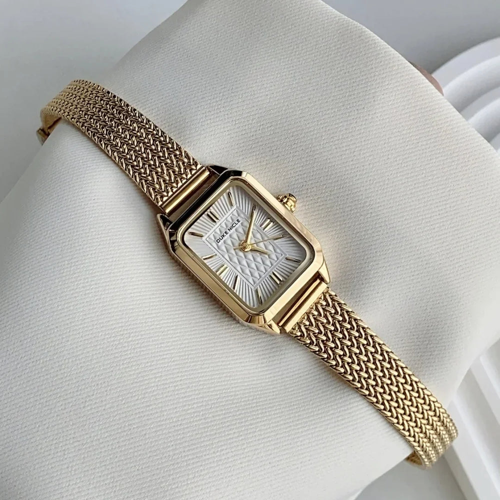 Geometric Rectangular Wristwatch with Mesh Band and Textured Dial
