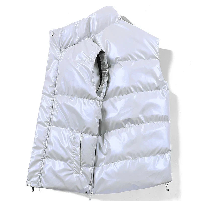 Men's Black Duck Down Quilted Mandarin Collar Full Zip Vest Silvery