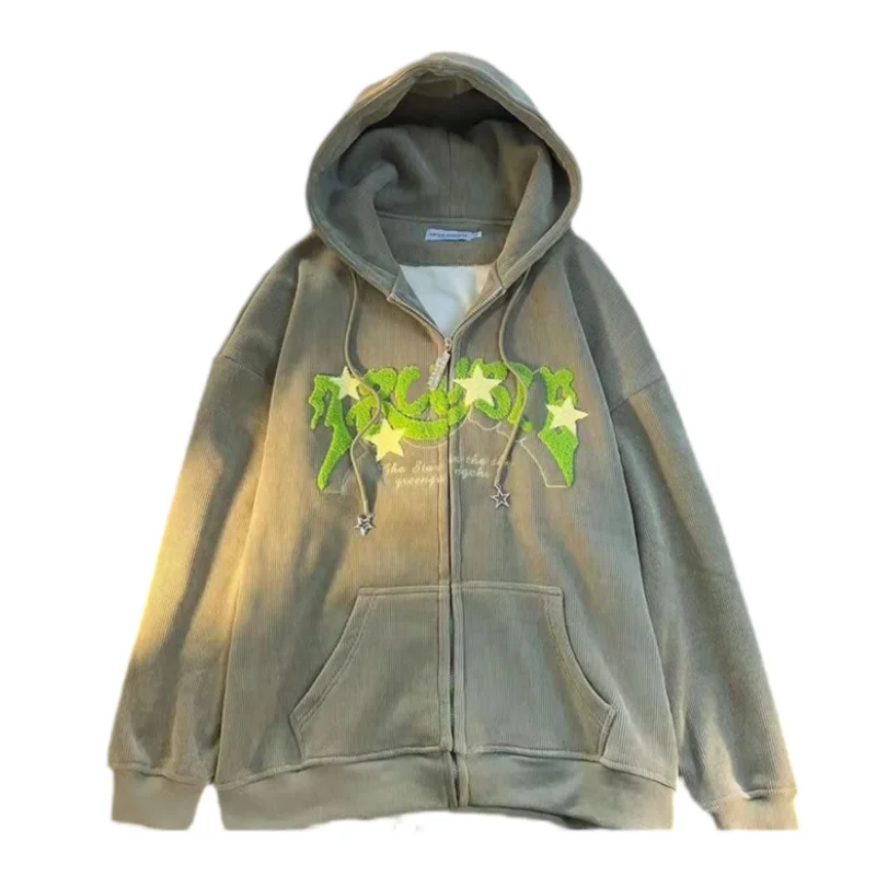 Hoodie Women Harajuku Zip-Up Embroidered Hoodie – Oversized Streetwear Green