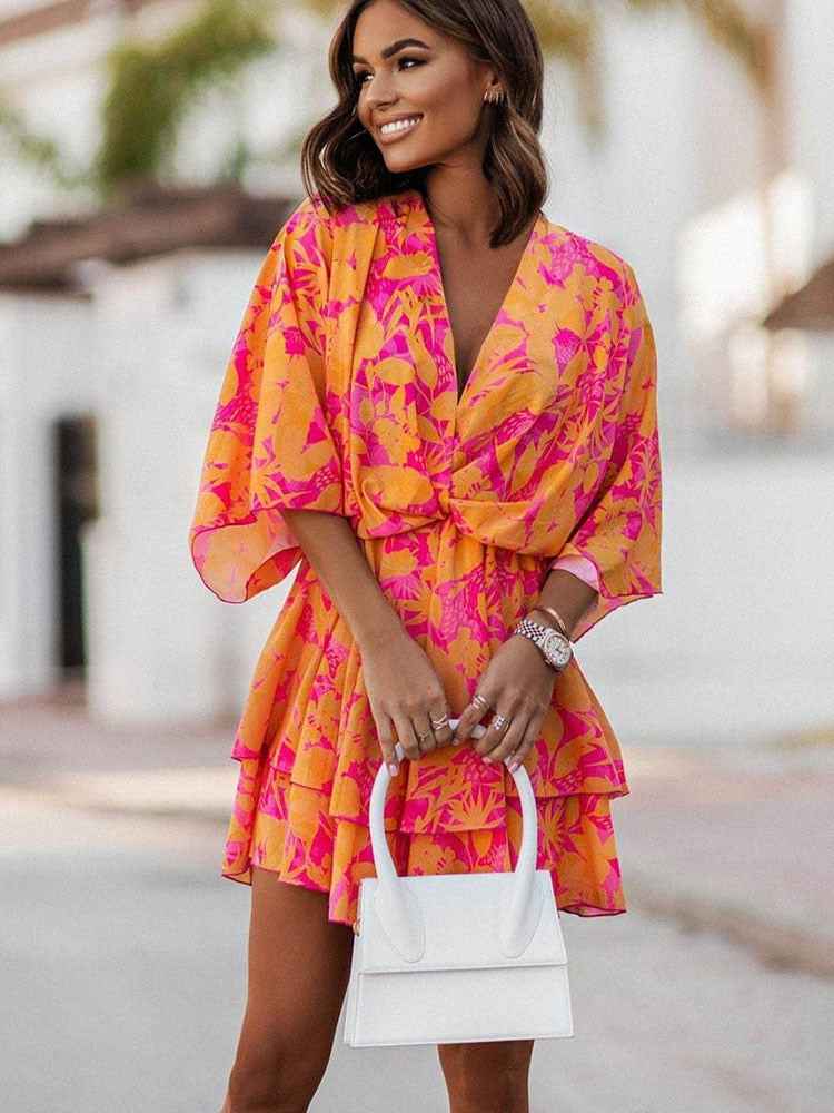 Women's V-Neck Mini Dress – Wrap Style with Ruffles – Lightweight and Elegant Orange and Pink