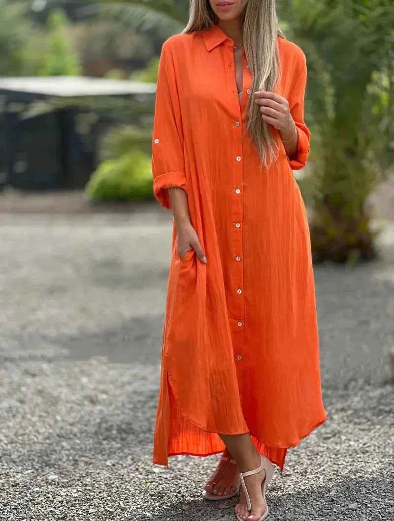 Mia | Elegant Cotton Hemp Summer Dress for Women Orange