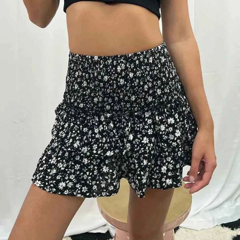 Women's Paisley Print Mini Skirt with Smocked Waist and Layered Ruffles – Casual Comfort Black
