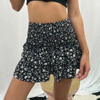 Women's Paisley Print Mini Skirt with Smocked Waist and Layered Ruffles – Casual Comfort Black