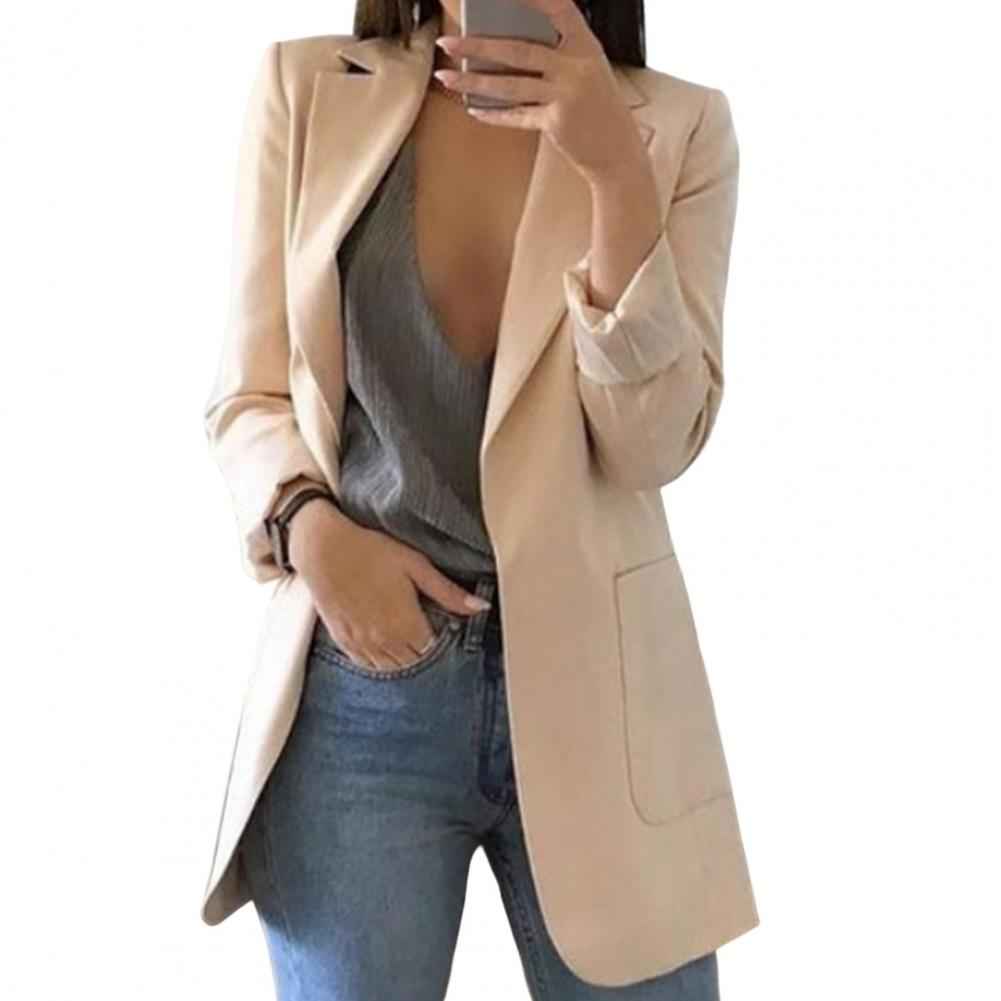 Women's Tailored Blazer – Hip Length – Open Front – Large Pockets Apricot