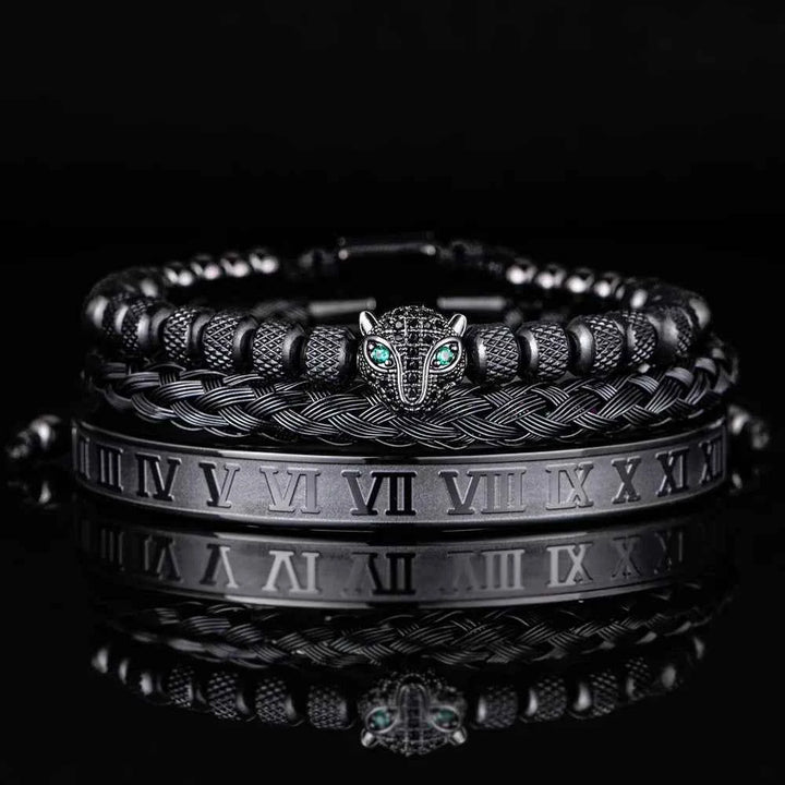 Three-Piece Panther Head Charm Braided Bracelet Set Black Black