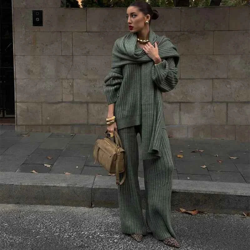 Women's Oversized Knit Set – Ribbed Sweater & Wide-Leg Pants with Scarf Green