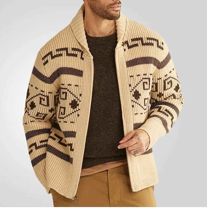 Men's Slim Fit Knitted Wool Cardigan with Zip Closure and Geometric Pattern Khaki