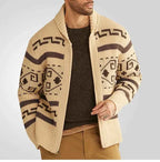 Men's Slim Fit Knitted Wool Cardigan with Zip Closure and Geometric Pattern Khaki