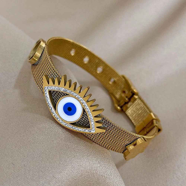 Mesh Band Evil Eye Charm Bracelet with Rhinestone Accents