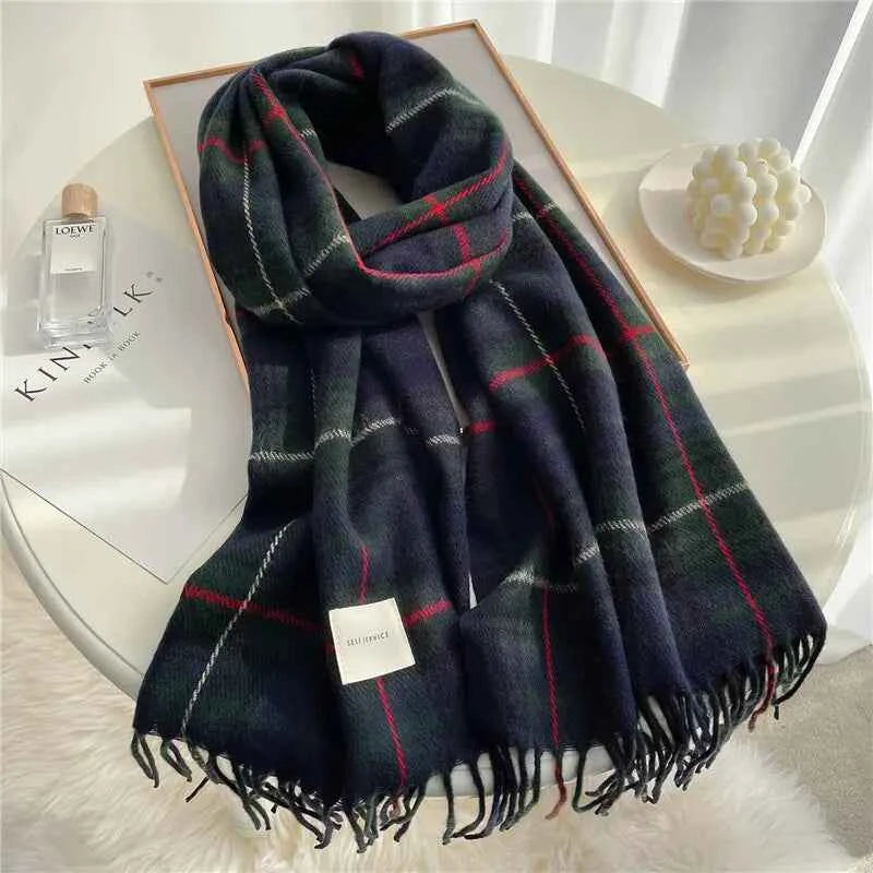 Luxurious Cashmere Plaid Velour Scarf Midnight Navy