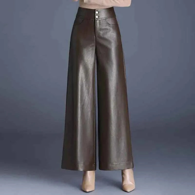 Women's Wide-Leg Leather Pants Brown