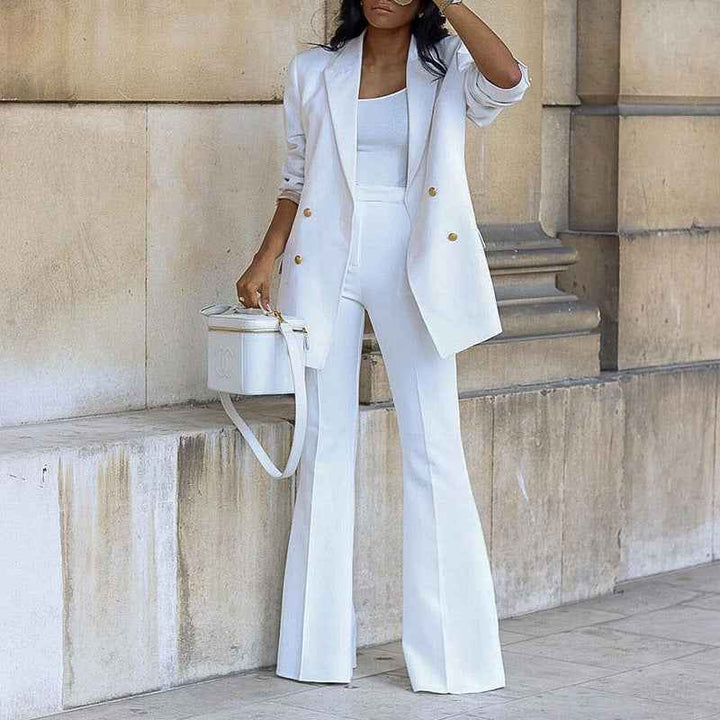 Women's Tailored Pantsuit - Blazer with Flared High Waist Trousers and Double Row Buttons