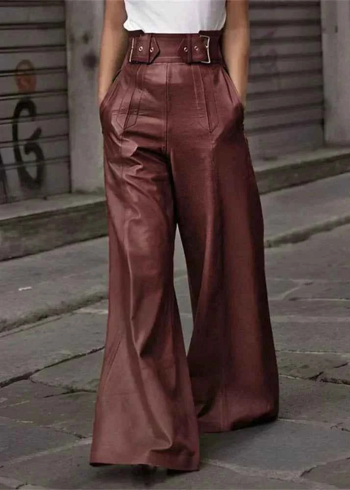 Women's Wide Leg High Waist Leather Pants Brick Red