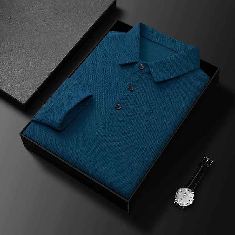 Men's Long Sleeve Polo Shirt – Textured, Breathable Fabric for Comfort Blue