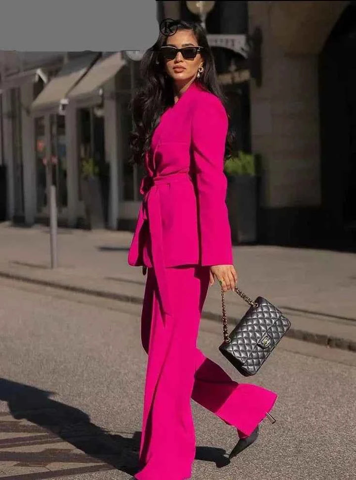 Women's Tailored Blazer Pantsuit - Shawl Collar, High Waist, Straight Legs
