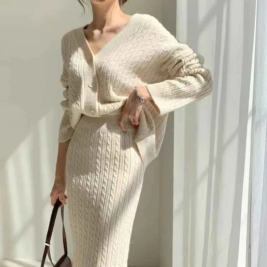 Women's Cable Knit Cardigan and Midi Skirt Set – V-Neck – Comfortable Fit Beige