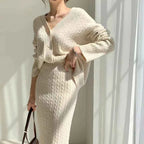 Women's Cable Knit Cardigan and Midi Skirt Set – V-Neck – Comfortable Fit Beige