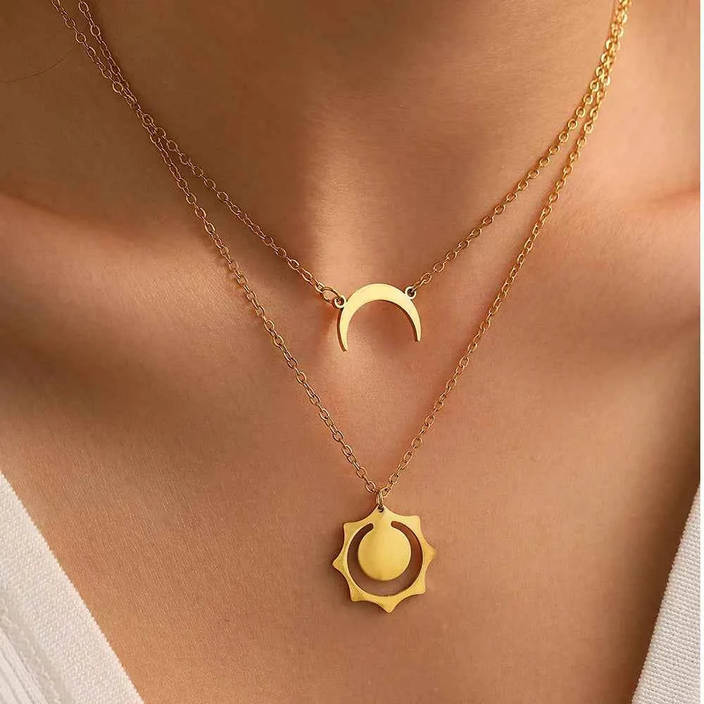 Celestial Sun and Moon Pendant Necklace Gold