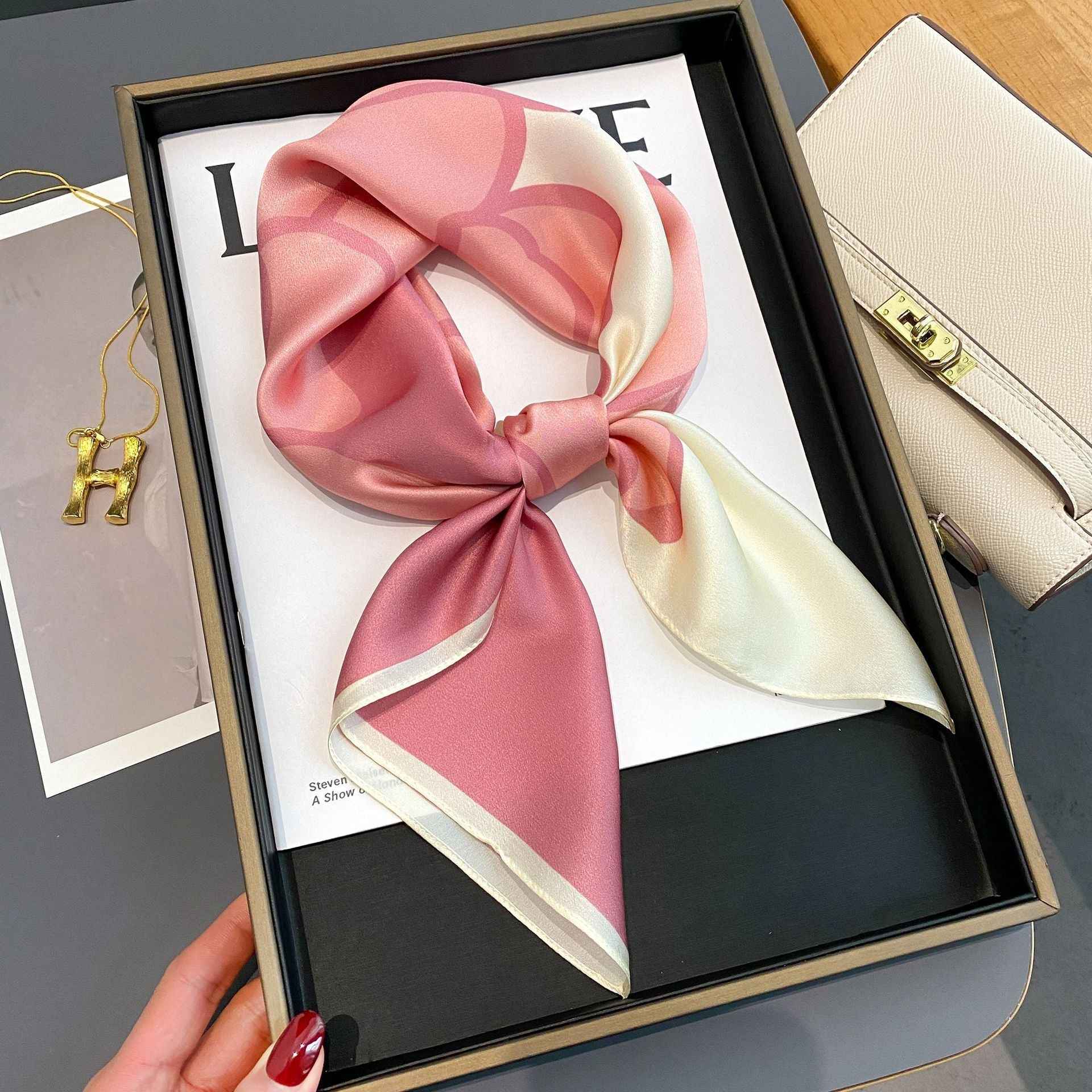 Women's Bold Color Block Silk Square Scarf Pink Medium