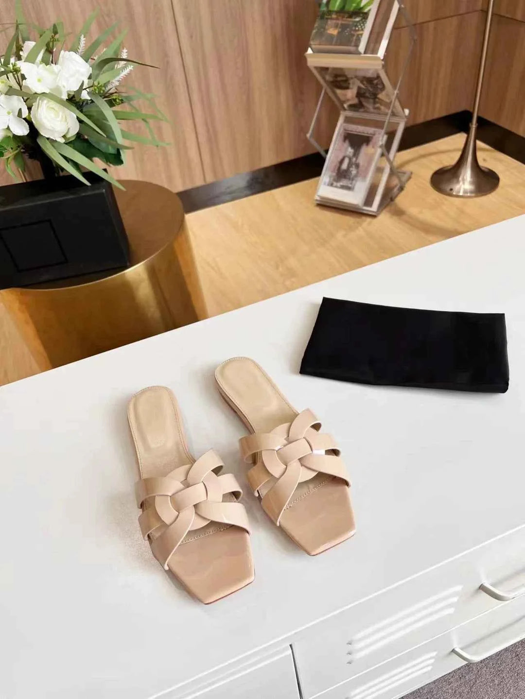 Genuine Leather Square Toe Summer Slides Apricot color