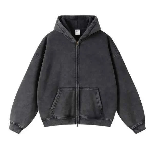 Men and Women's Full-Zip Batik-Wash Street Hoodie Black